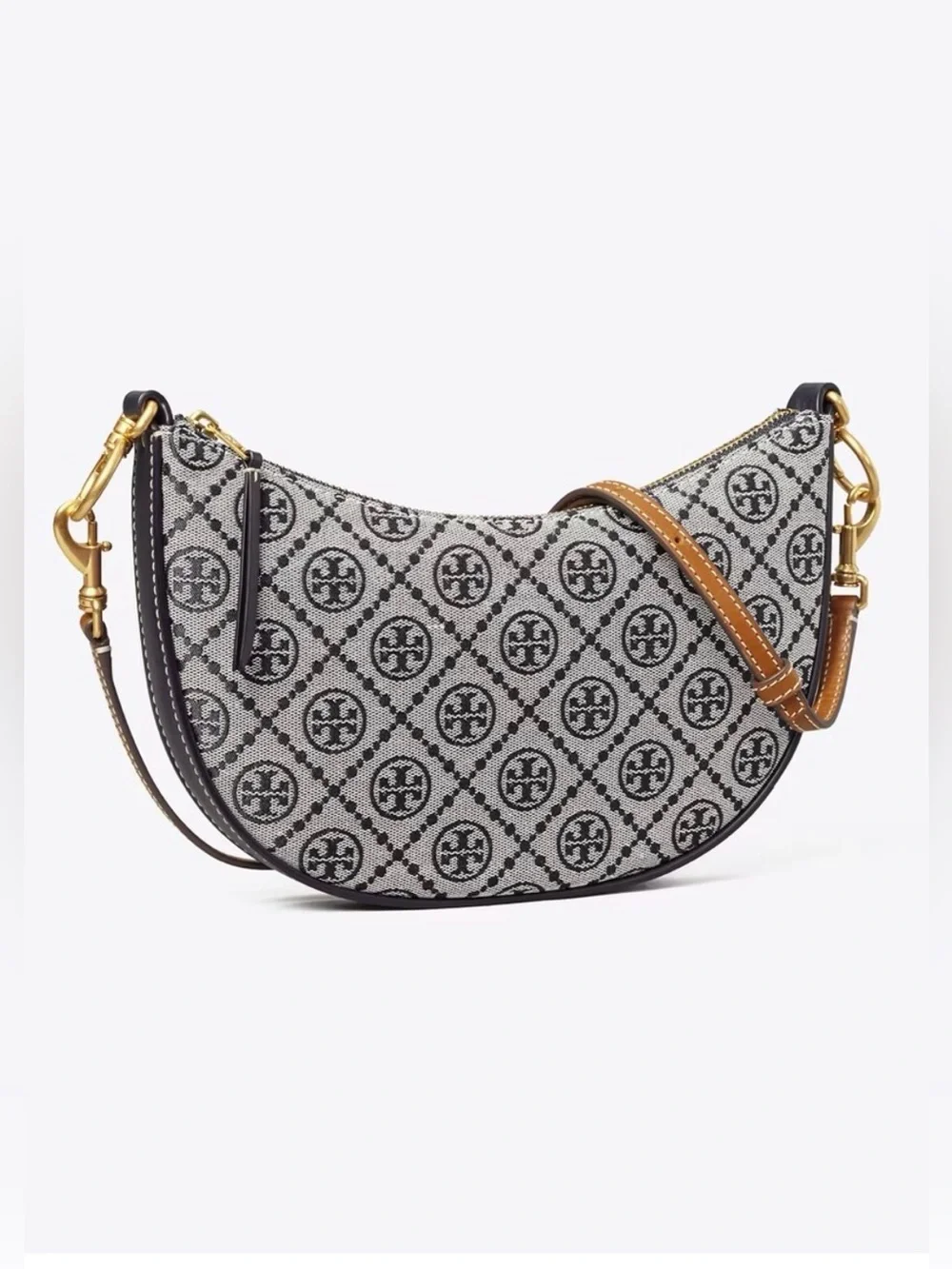 Tory Burch Navy Blue T Monogram Jacquard Mini Curved Hobo Bag